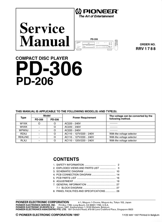 Pioneer PD-206 & PD-306 CD Player Service Manual (Pages: 28)