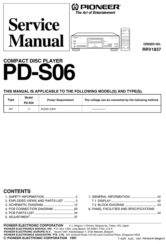 Pioneer PD-S06 CD Player Service Manual (Pages: 44)