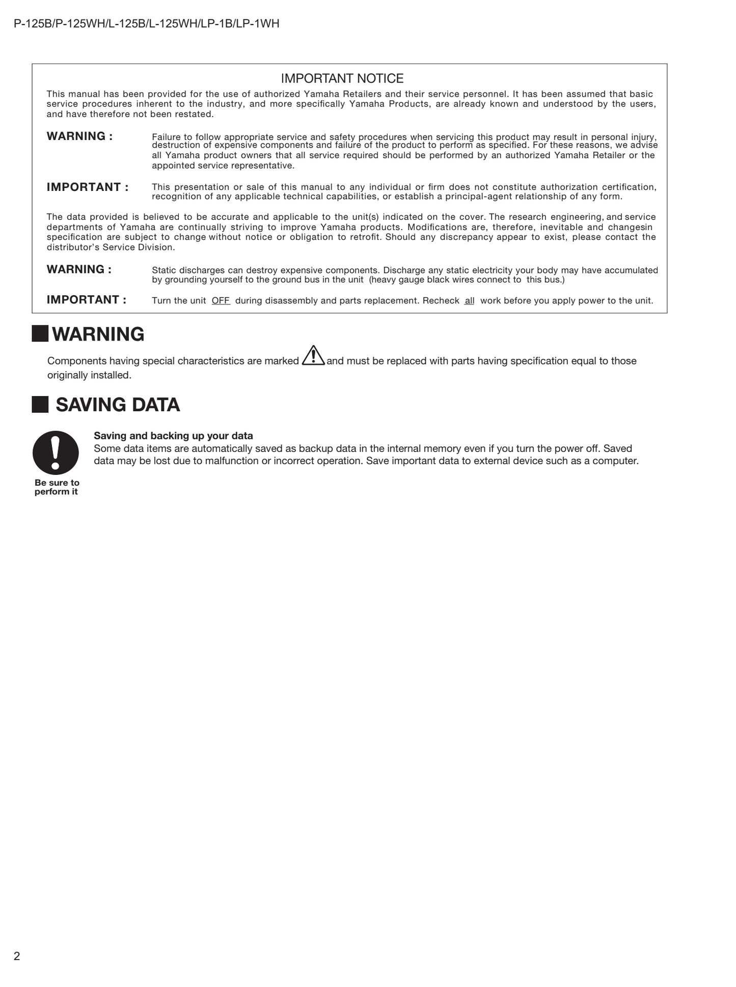 Yamaha P-125, P-125B & P-125WH Digital Piano Service Manual (Pages: 70)