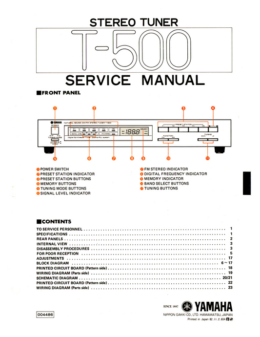 Yamaha T-500 AM/FM Stereo Tuner Service Manual (Pages: 24)
