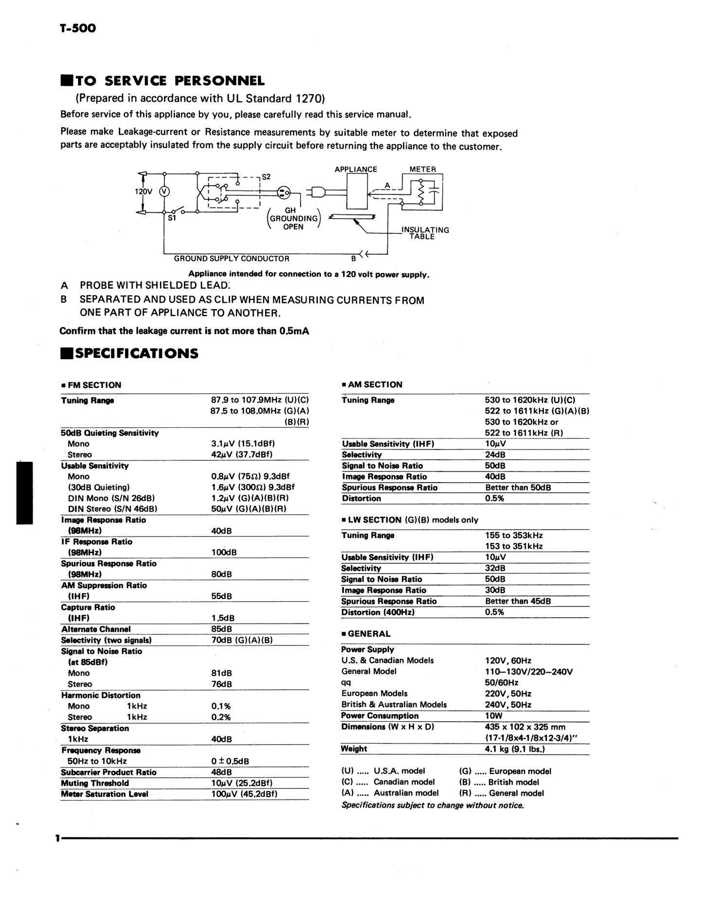 Yamaha T-500 AM/FM Stereo Tuner Service Manual (Pages: 24)