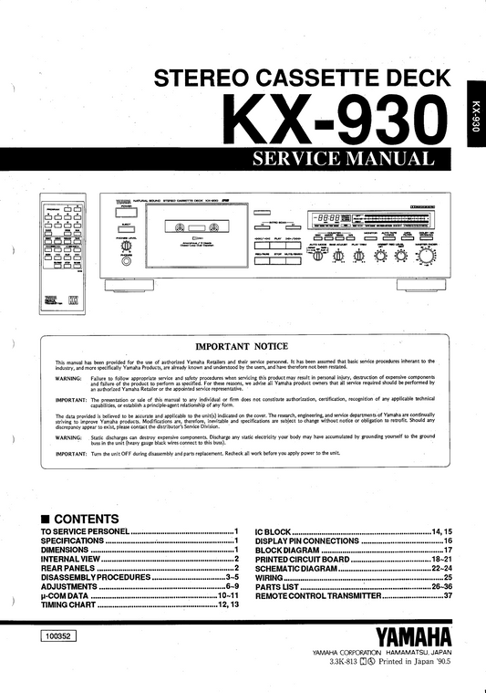 Yamaha KX-930 Cassette Deck Owner's Manual