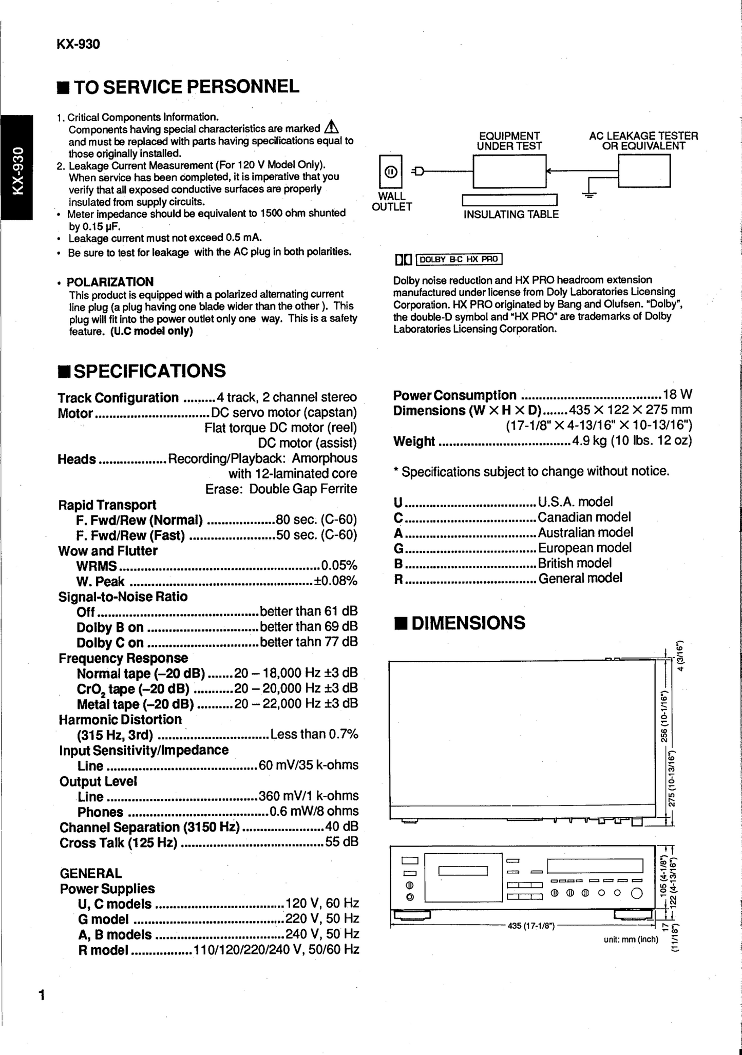 Yamaha KX-930 Cassette Deck Owner's Manual