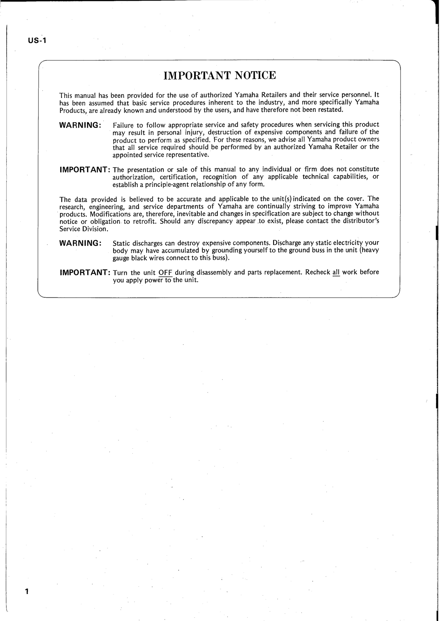 Yamaha US-1 Electone Organ Service Manual (Pages: 98)
