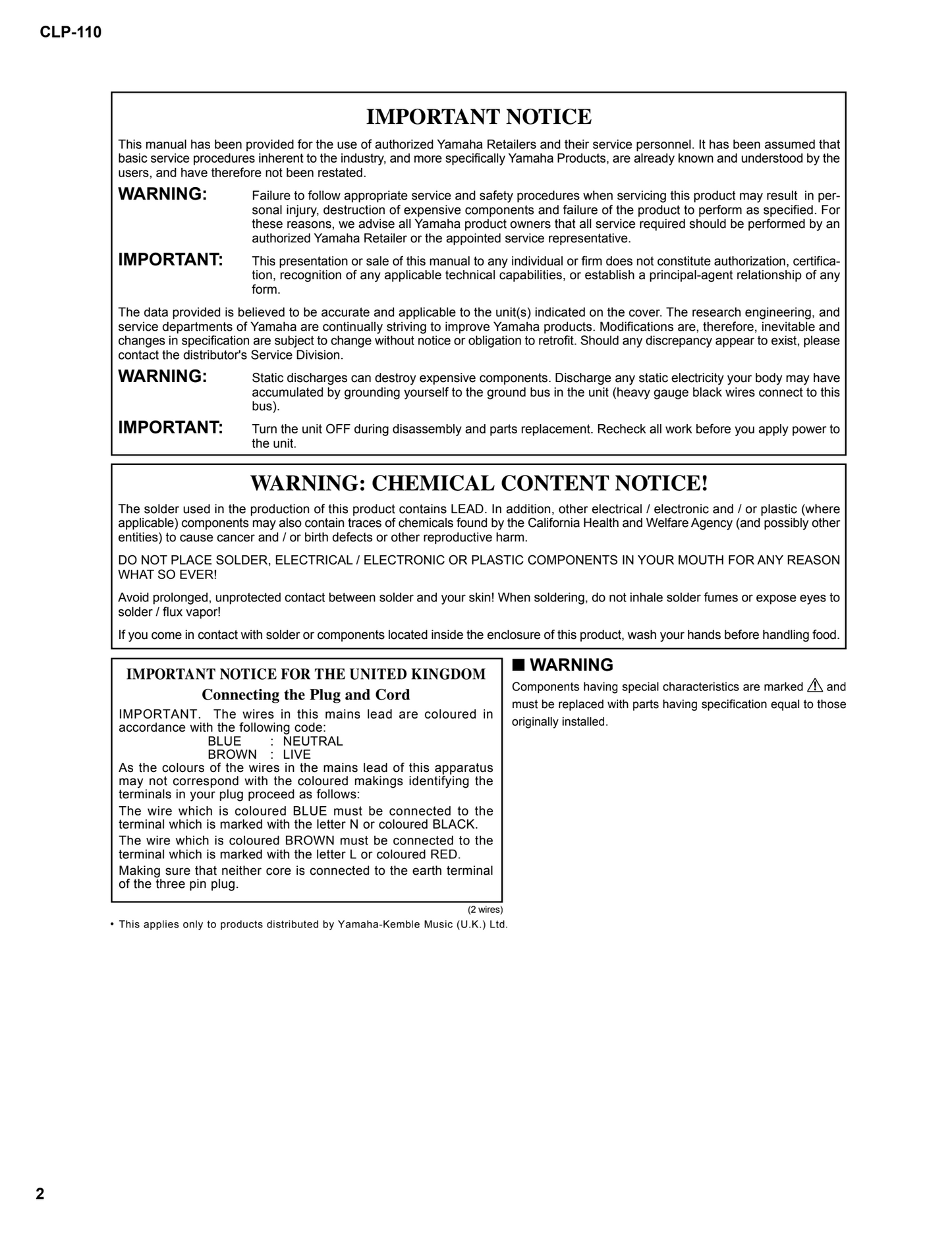 Yamaha CLP-110 Digital Piano Service Manual (Pages: 57)