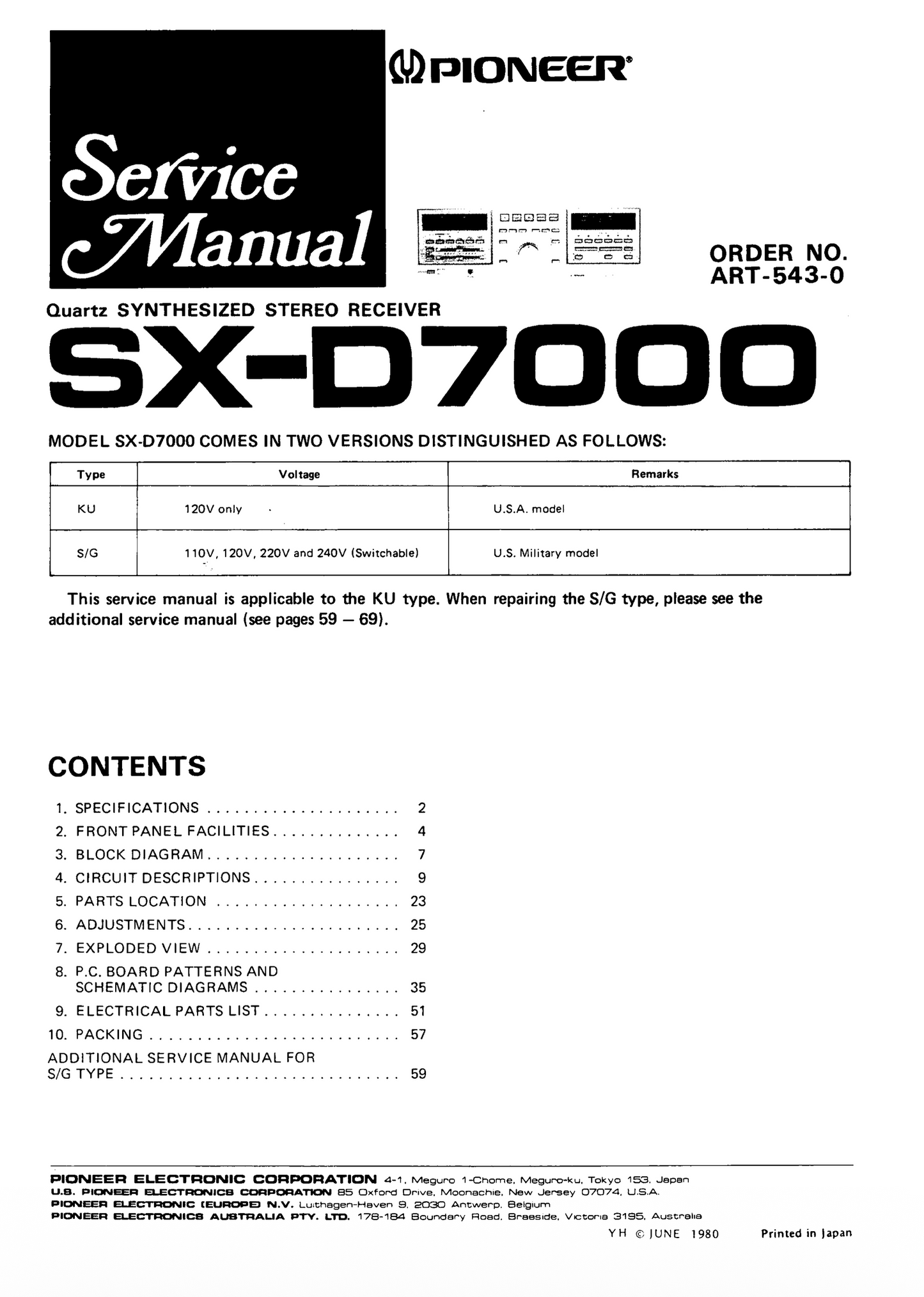 Pioneer SX-D7000 Synthesized Stereo Receiver Owner & Service Manual (Pages: 56)