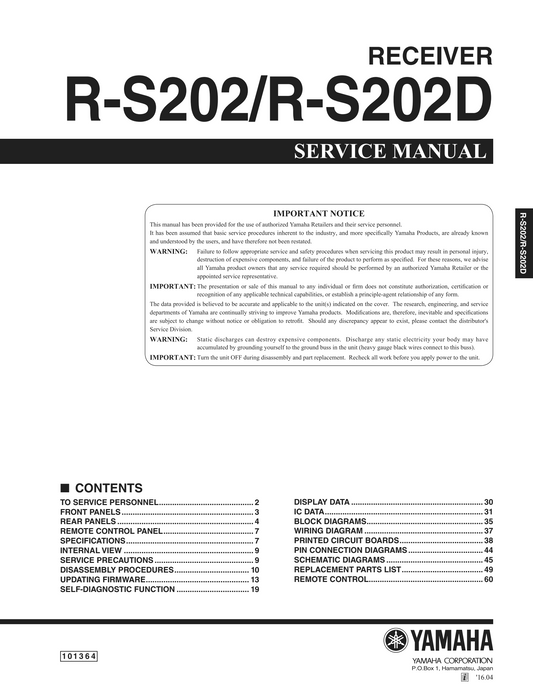Yamaha R-S202 & R-S202D CD Player Service Manual (Pages: 61)