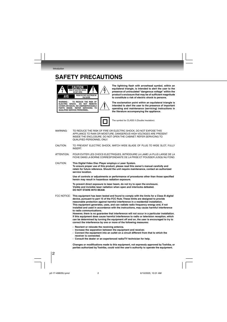 Toshiba SD4980 SD4980SU SER0168 DVD Player Operating Manual