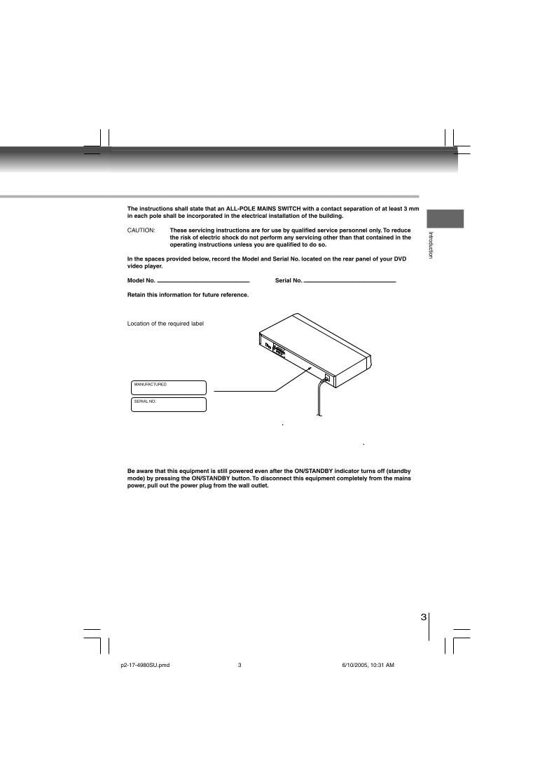 Toshiba SD4980 SD4980SU SER0168 DVD Player Operating Manual