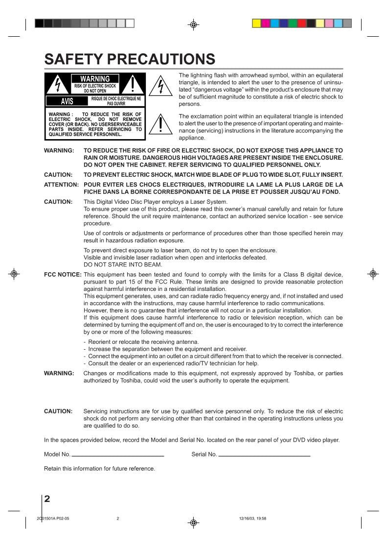 Toshiba SDK740 SDK740SU SER0121 DVD Player Operating Manual