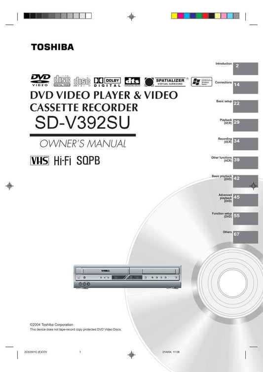 Toshiba SDV392 SDV392SU SER0108 DVD/VCR Combo Player Operating Manual