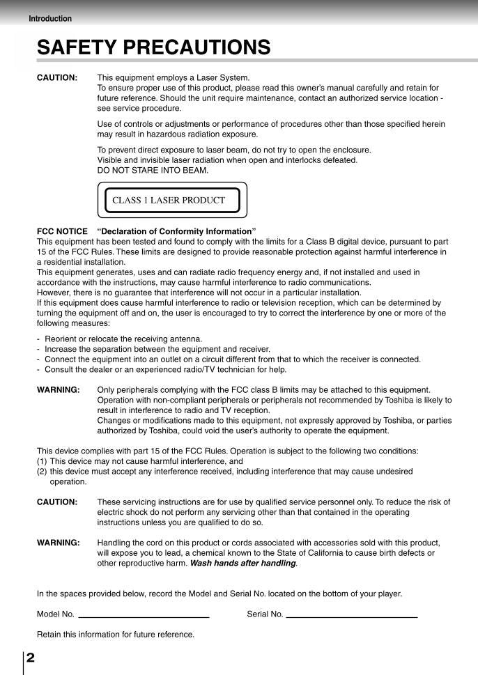 Toshiba SDP2600OM DVD Player Operating Manual