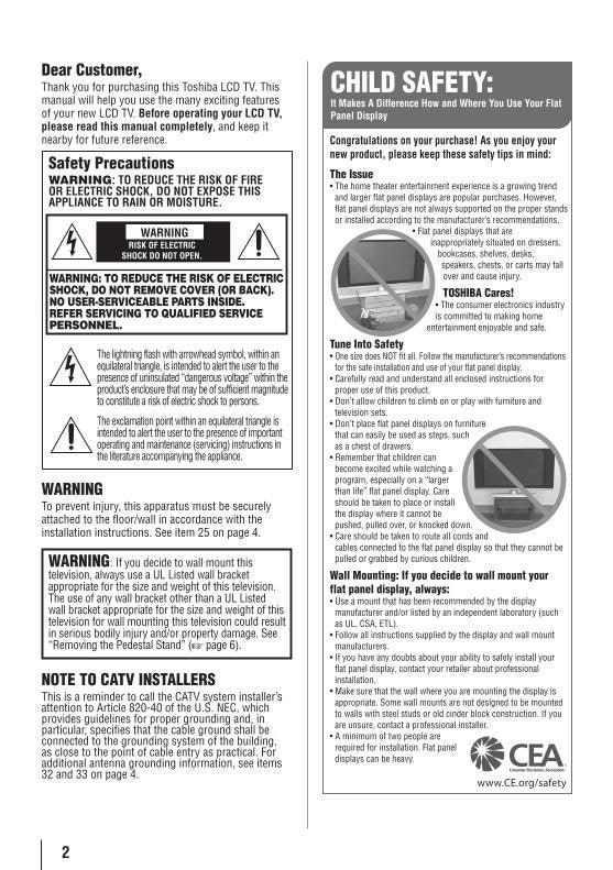 Toshiba 37E200 40E220 50L1400 TV Operating Manual