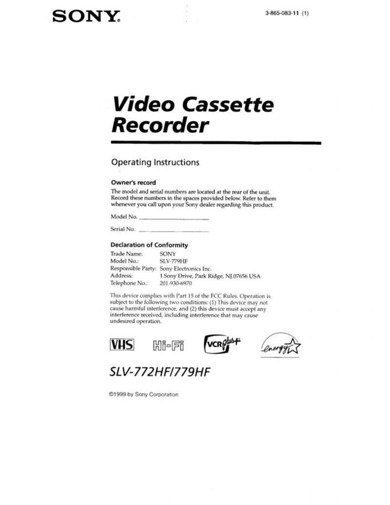 Sony SLV778HF/SLV772HF VCR Operating Manual