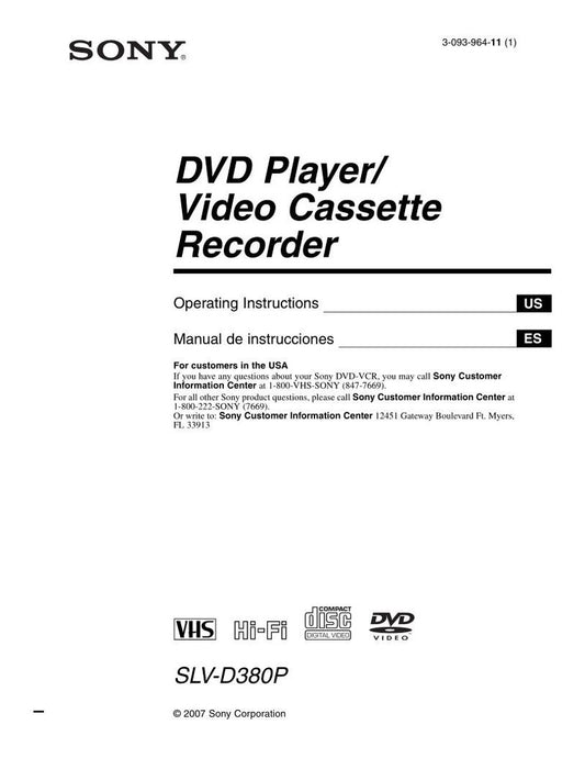 Sony SLVD380 P Audio/Video Receiver Operating Manual