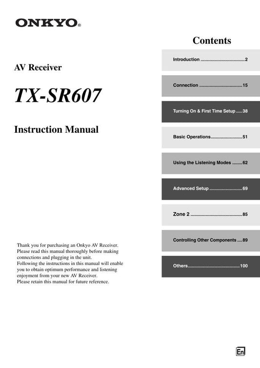 Onkyo TXSR607 Audio/Video Receiver Operating Manual