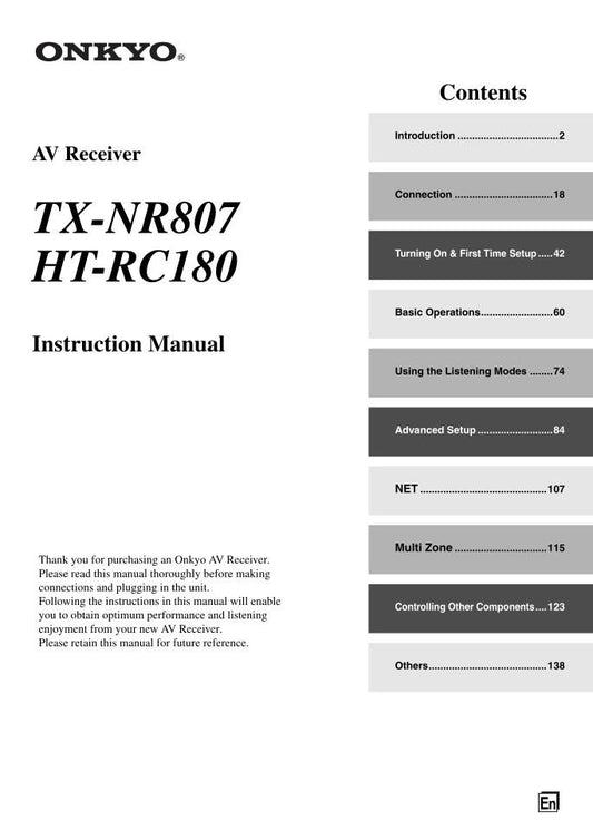 Onkyo HTRC180 TXNR807 Audio/Video Receiver Operating Manual