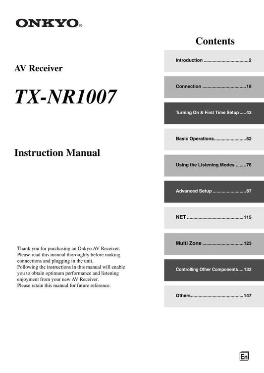 Onkyo TXNR1007 Audio/Video Receiver Operating Manual