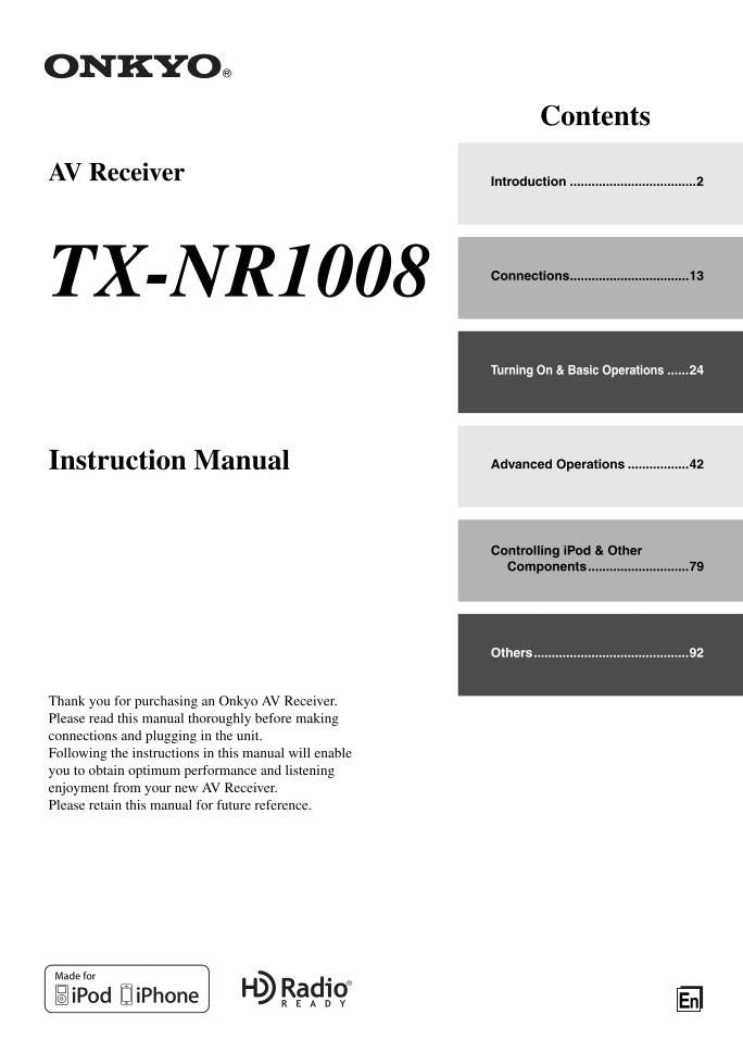 Onkyo TXNR1008 Audio/Video Receiver Operating Manual