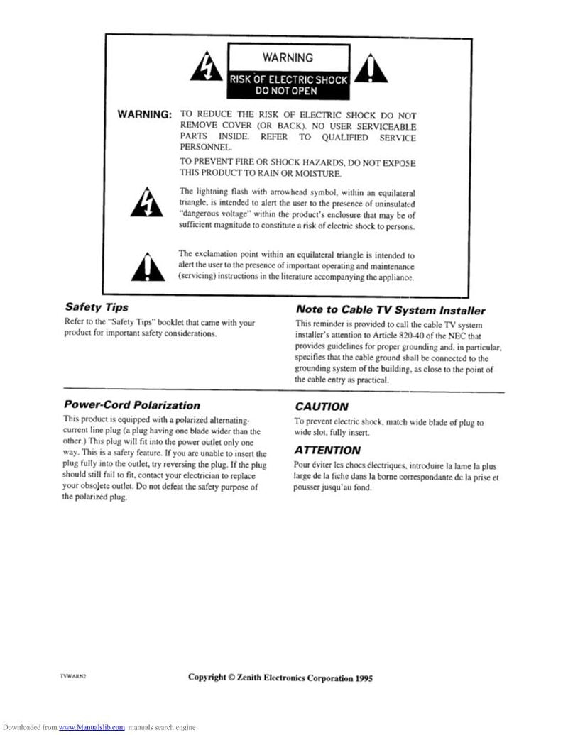 Zenith SR2504 SR2568S SR2765 TV Operating Manual