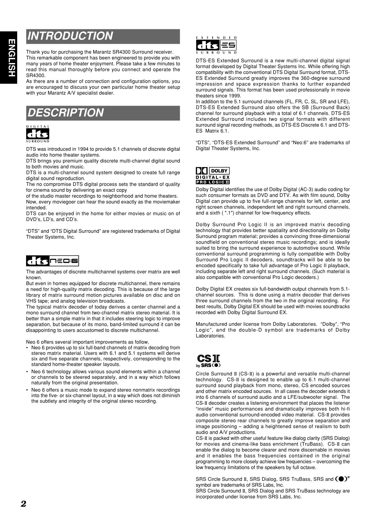 Marantz SR4300 AV Receiver Owner/ User Manual (Pages: 45)