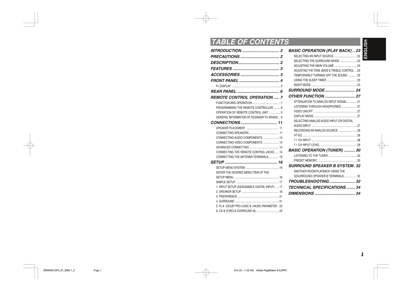 Marantz SR4500 AV Receiver Owner/ User Manual (Pages: 41)