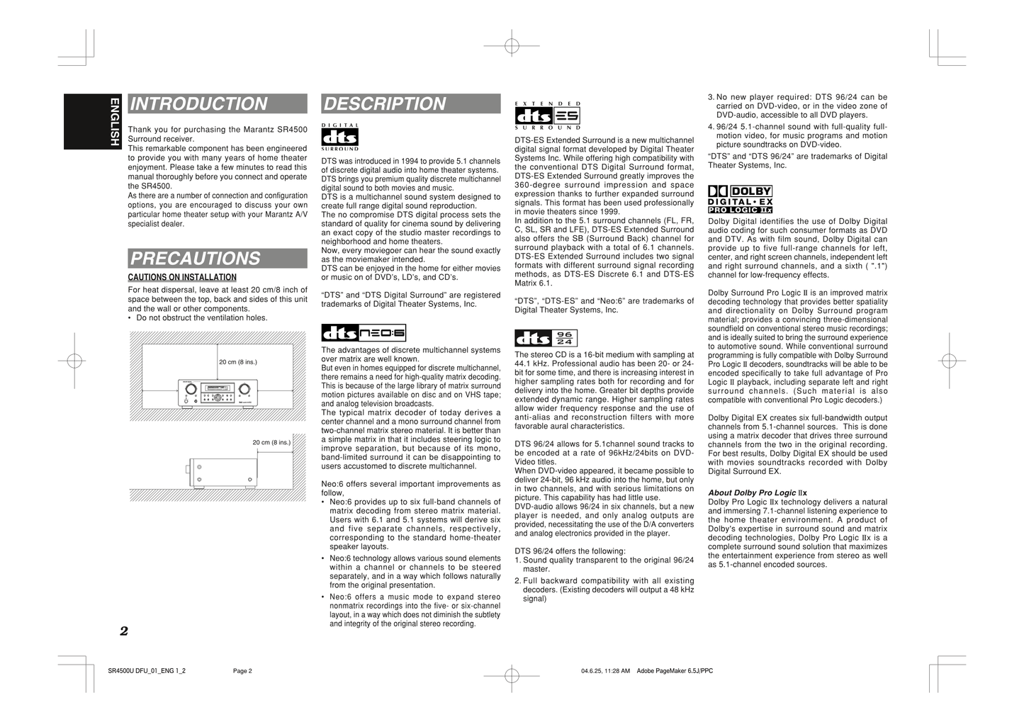 Marantz SR4500 AV Receiver Owner/ User Manual (Pages: 41)