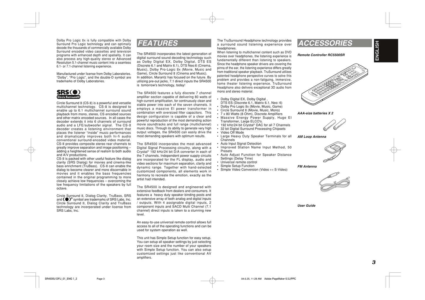 Marantz SR4500 AV Receiver Owner/ User Manual (Pages: 41)