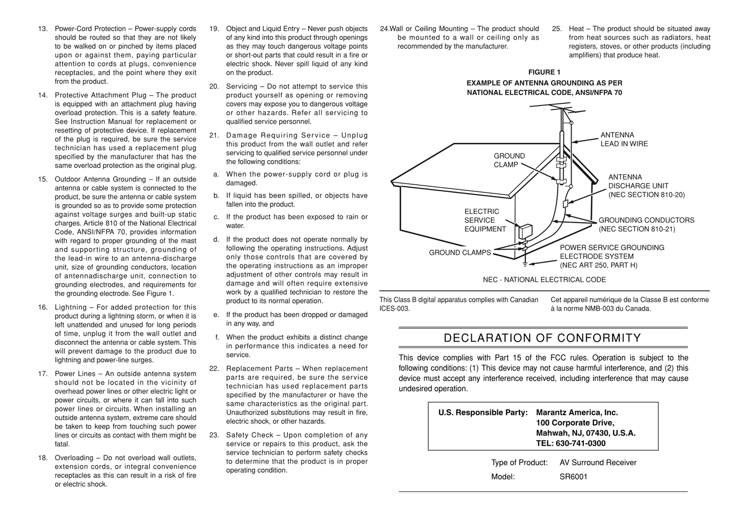 Marantz SR6001 AV Receiver Owner/ User Manual (Pages: 71)