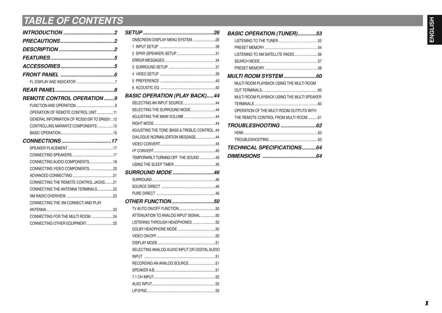 Marantz SR6001 AV Receiver Owner/ User Manual (Pages: 71)
