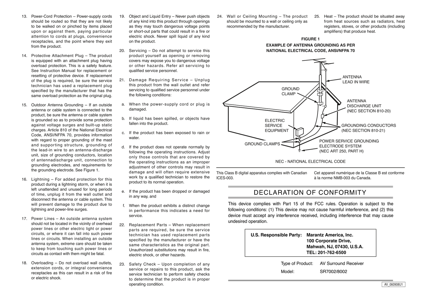 Marantz SR7002 & SR8002 AV Receiver Owner/ User Manual (Pages: 94)
