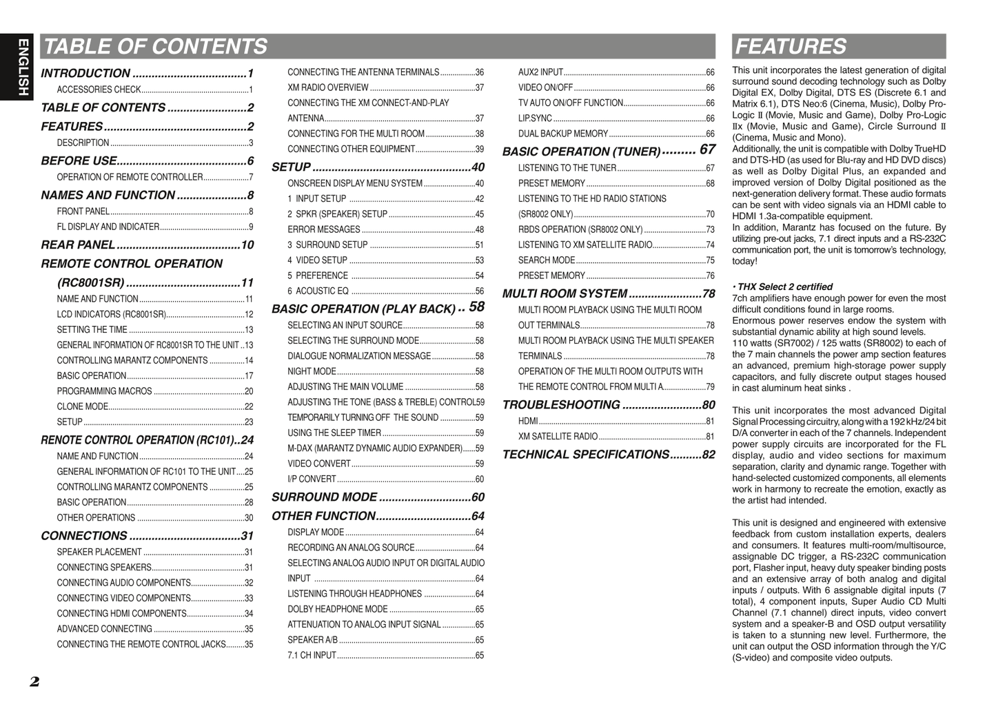 Marantz SR7002 & SR8002 AV Receiver Owner/ User Manual (Pages: 94)