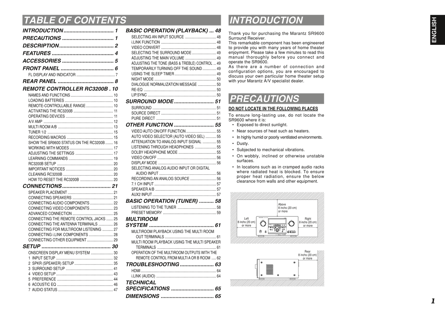 Marantz SR9600 AV Receiver Owner/ User Manual (Pages: 68)