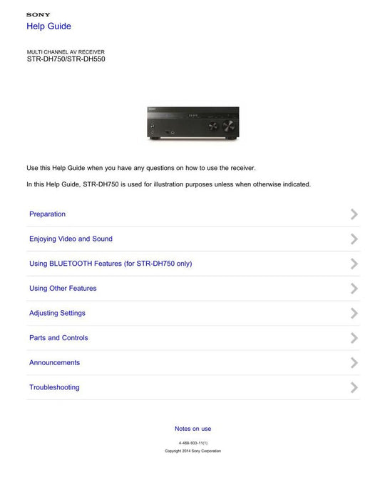 Sony STRDH550 STRDH750 Audio/Video Receiver Operating Manual