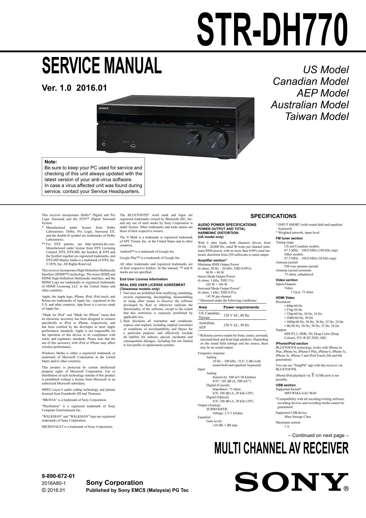 Sony STR-DH770 AV Receiver Service Manual (Pages: 86)