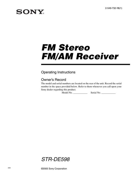 Sony STRDE598 Audio/Video Receiver Operating Manual