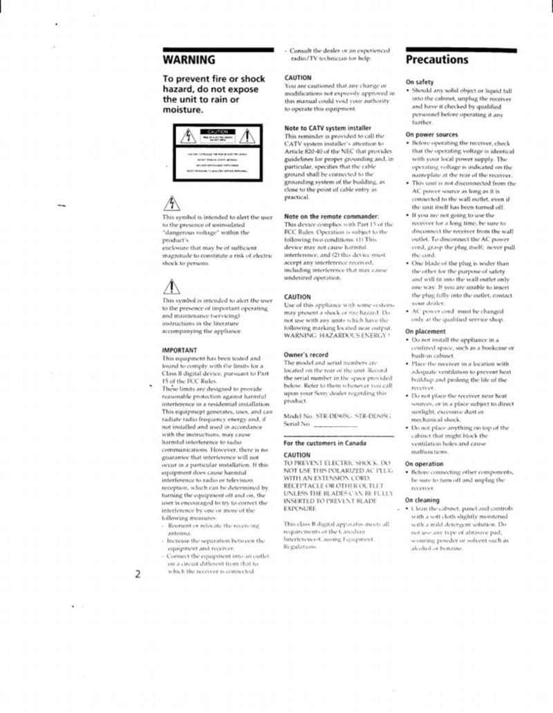 Sony STRDE805 G STRDE905 Audio/Video Receiver Operating Manual