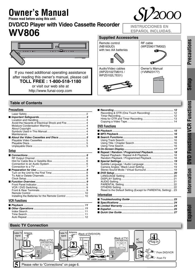 Funai SV2000 WV806 DVD Recorder (DVDR) Operating Manual