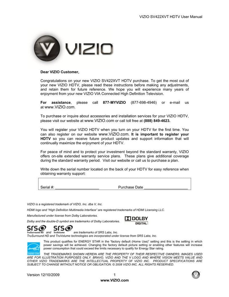 Vizio SV422XVT TV Operating Manual