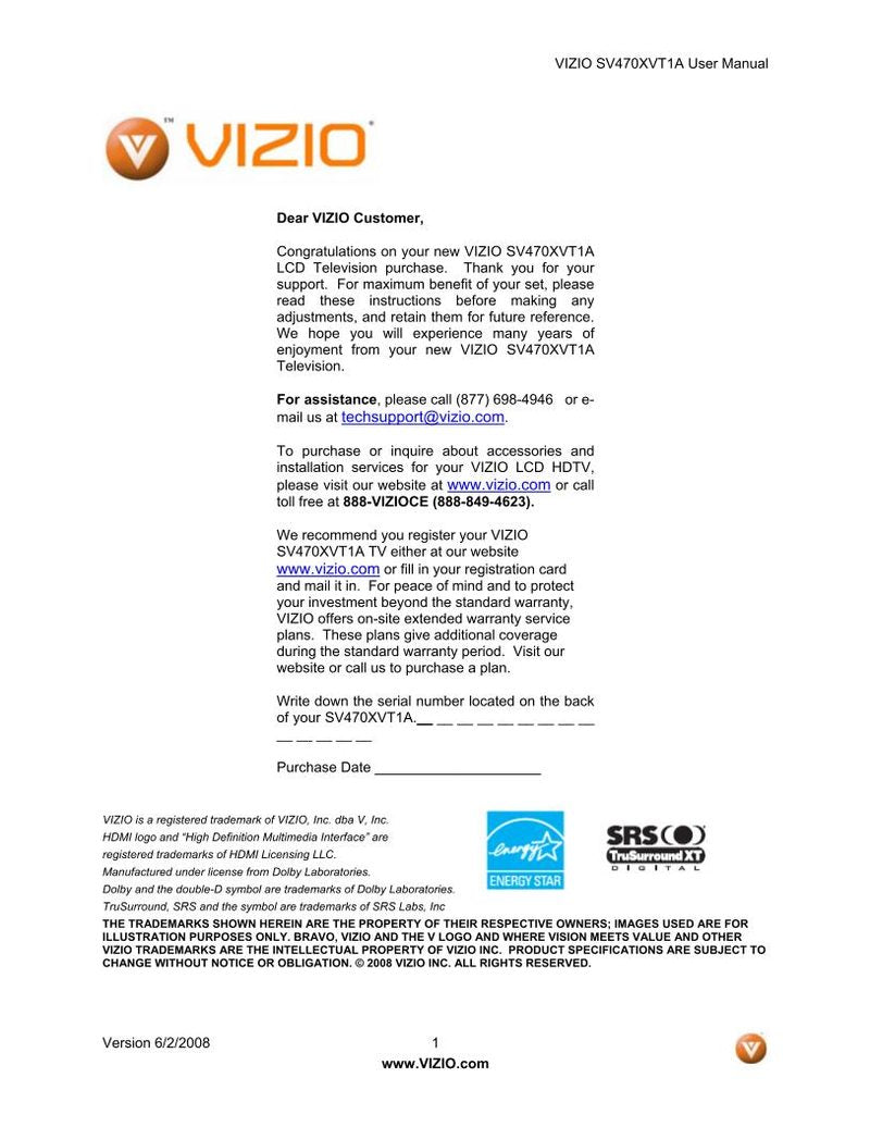 Vizio SV470XVT1A TV Operating Manual