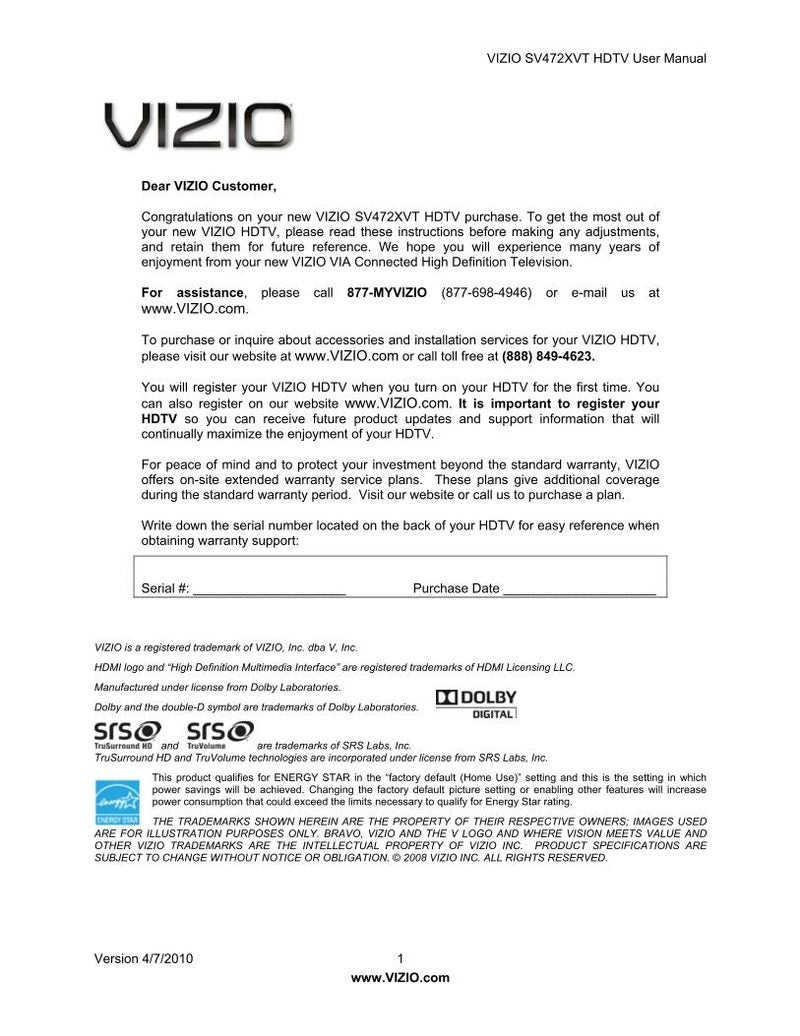 Vizio SV472XVT TV Operating Manual