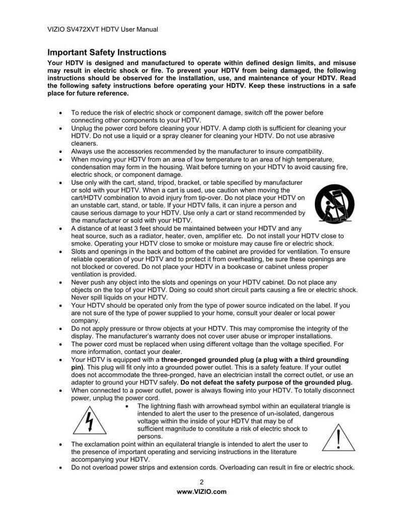 Vizio SV472XVT TV Operating Manual