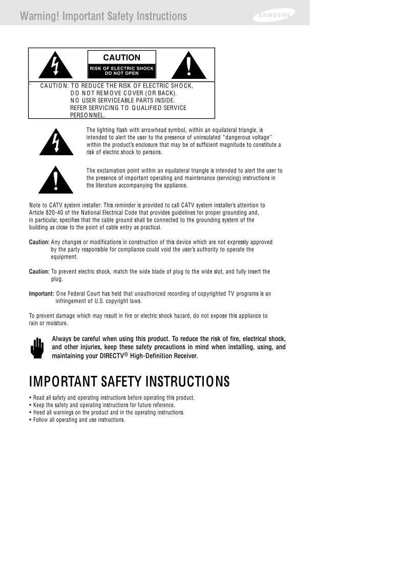 Samsung SIRTS160 Satellite Receiver Operating Manual