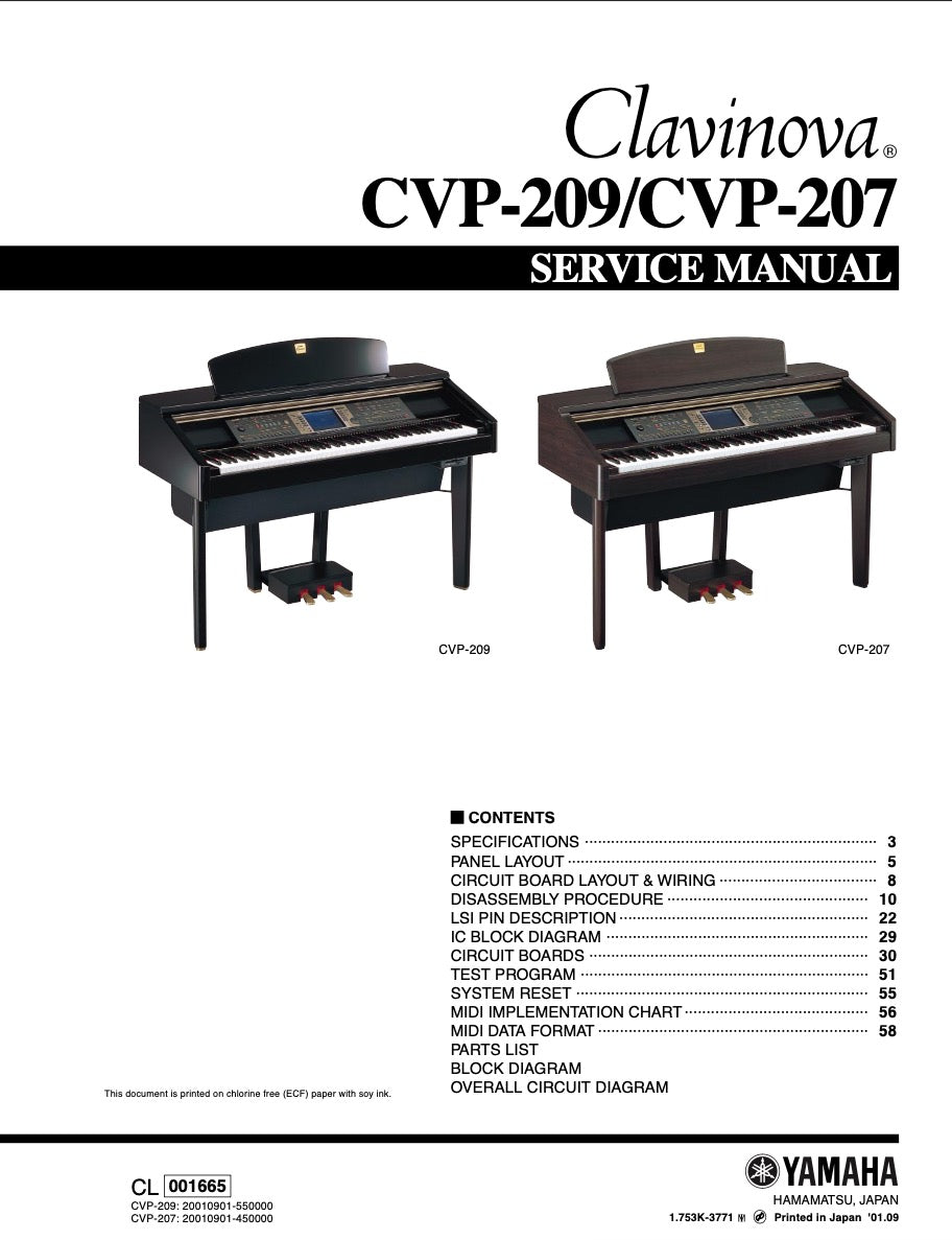 Yamaha CVP-207 & CVP-209 Digital Piano Service Manual and Parts list (Pages: 136)