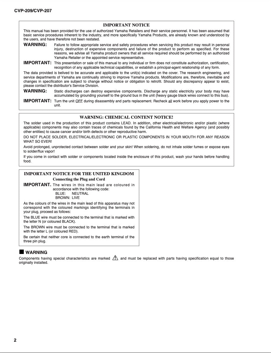 Yamaha CVP-207 & CVP-209 Digital Piano Service Manual and Parts list (Pages: 136)