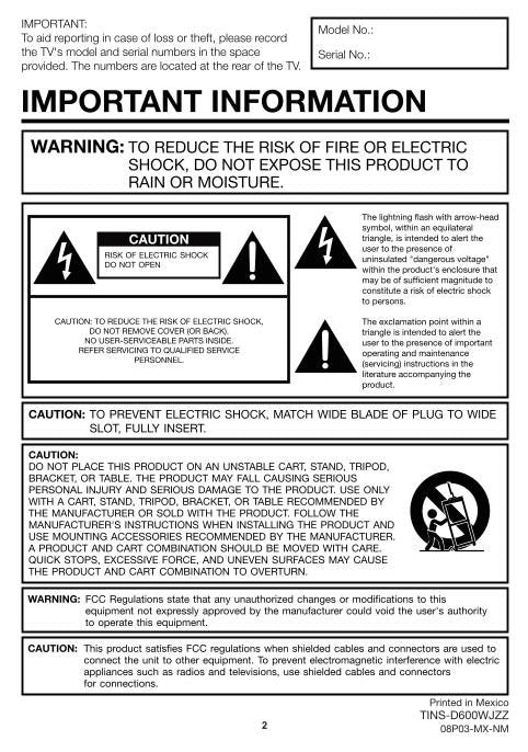 Sharp LC37SB24U TV Operating Manual