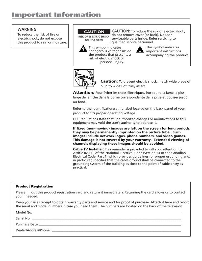 RCA T20TF668 T27TF668 TV Operating Manual