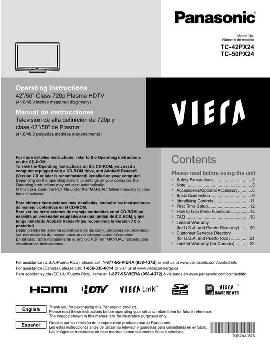 Panasonic TC42PX24OM TV Operating Manual