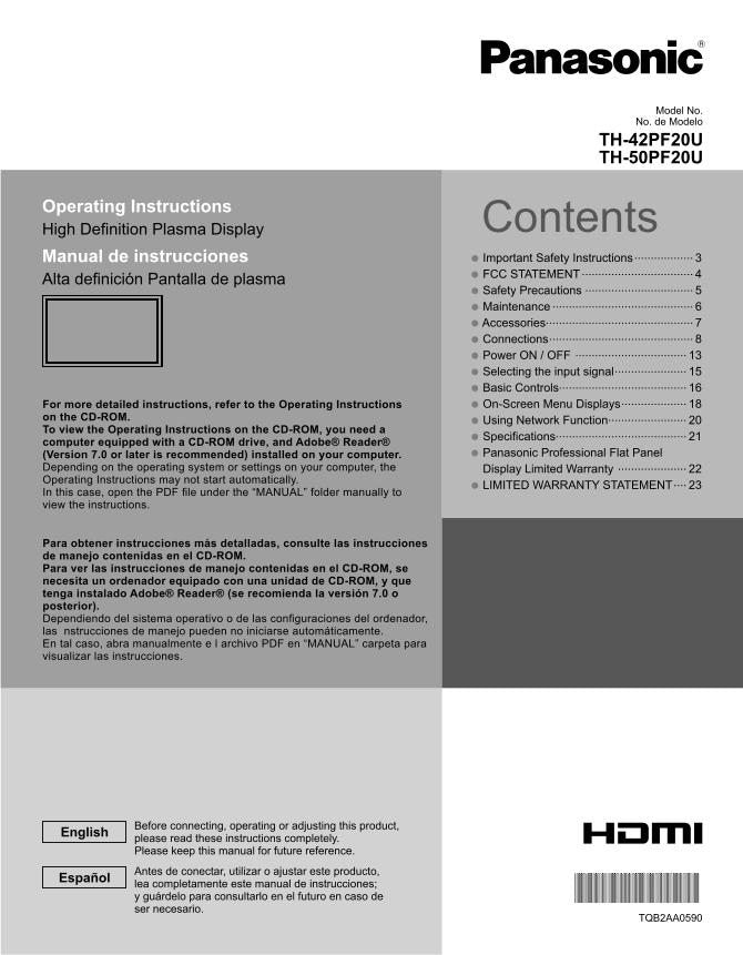 Panasonic TH42PF20 TH42PF20U TH50PF20U TV Operating Manual