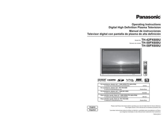 Panasonic TH42PX600U TH50PX600U TH58PX600U TV Operating Manual